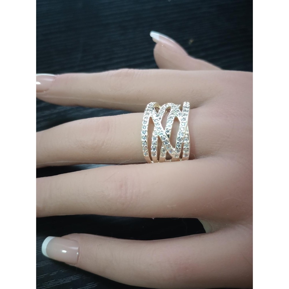 Silver Tone Rhinestone Criss Cross Openwork Wide Band Ring Size 8 Statement